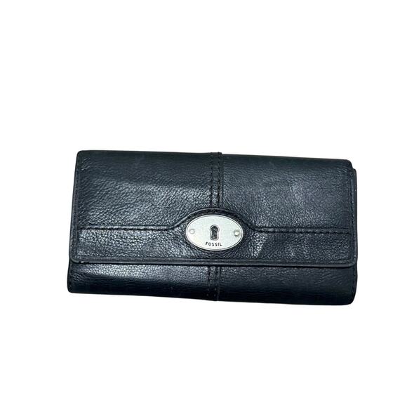 Fossil Maddox Marlow Leather Trifold Flap Clutch Wallet Black Long Live Vintage - Picture 1 of 3